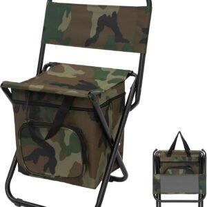 Small Fishing Chair with Cooler Bag, Lightweight Camping Chair Compact Fishing Stool with Backrest for RV Hiking Travel, Hunting, Ice Fishing Gifts Gear for Men