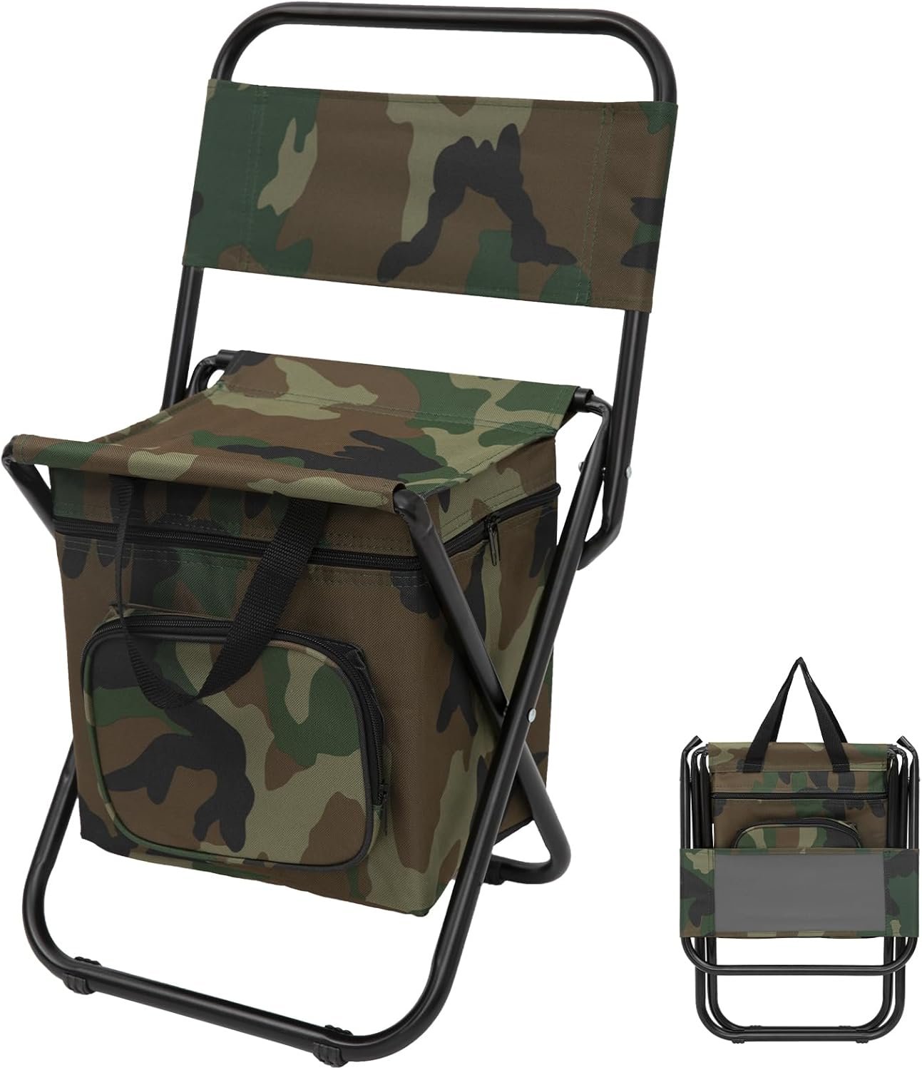 Small Fishing Chair with Cooler Bag, Lightweight Camping Chair Compact Fishing Stool with Backrest for RV Hiking Travel, Hunting, Ice Fishing Gifts Gear for Men