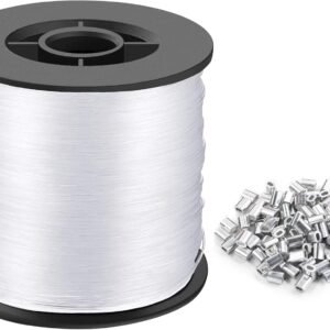 Strong Clear Invisible Hanging Wire - 0.8MM String Thick Nylon Wire Fishing Line 656FT Clear String Wire with 100Pcs Aluminum Crimping Sleeves for Picture Frame, String Light, Flowerpot, Craft