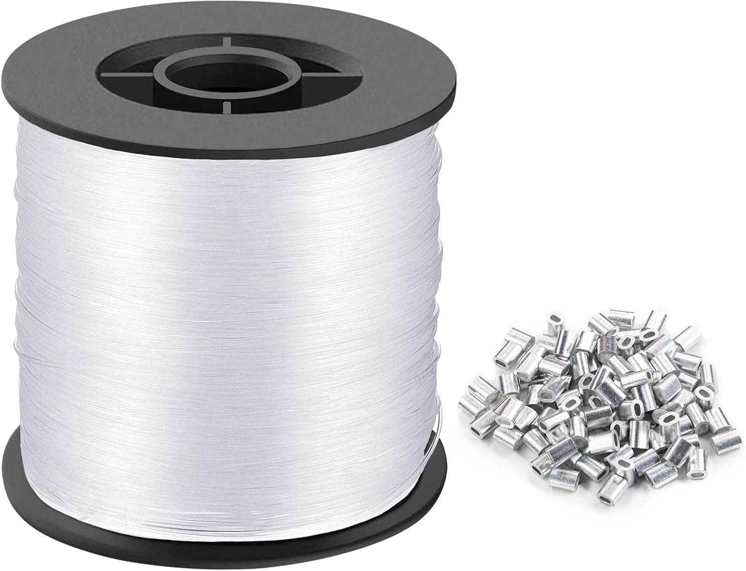Strong Clear Invisible Hanging Wire - 0.8MM String Thick Nylon Wire Fishing Line 656FT Clear String Wire with 100Pcs Aluminum Crimping Sleeves for Picture Frame, String Light, Flowerpot, Craft