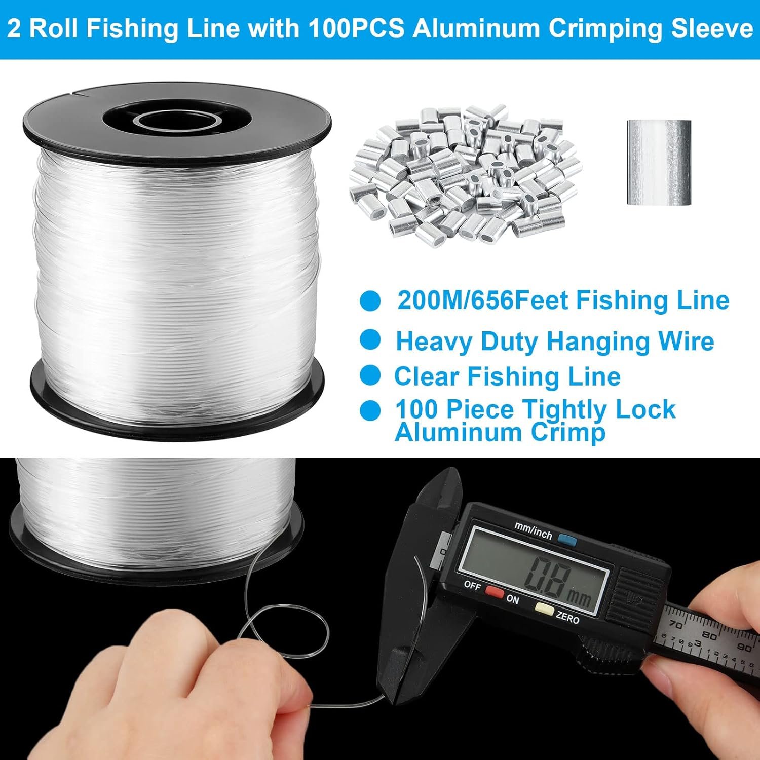 2 Roll 656 Feet Fishing Line for Balloon Garland, Strong Fishing Line Clear, 0.8mm Nylon String Fishing Line Invisible Wire with 100 Pieces Aluminum Crimping Loop for Craft Balloon Garland - Image 2