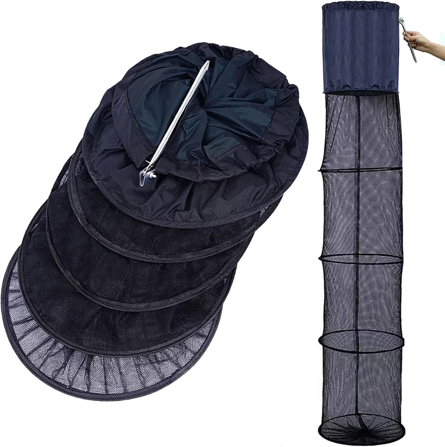 Fishing Cage Basket, Collapsible Nylon Fish Baskets, Fish Keeping Net with Anchor Bolt, for s,Crab,Shrimp,Crawfish-Black(60X13 in)