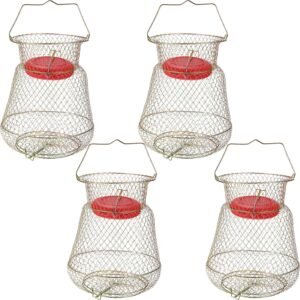 4 Pieces Galvanized Steel Wire Fish Basket Collapsible Floating Fish Net Rustproof Portable Fishing Basket Cage  Bucket Fish Holder for Caught Fish, Live Fish, Robust and Easy to Use