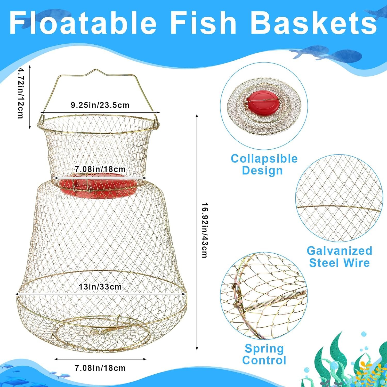 2 Pcs Steel Wire Fish Basket and Fishing Landing Net with Extension Aluminum Telescoping Pole includes 1 Portable Fishing Net with Handle 1 Collapsible Wire Fishing Basket for Women Men - Image 2