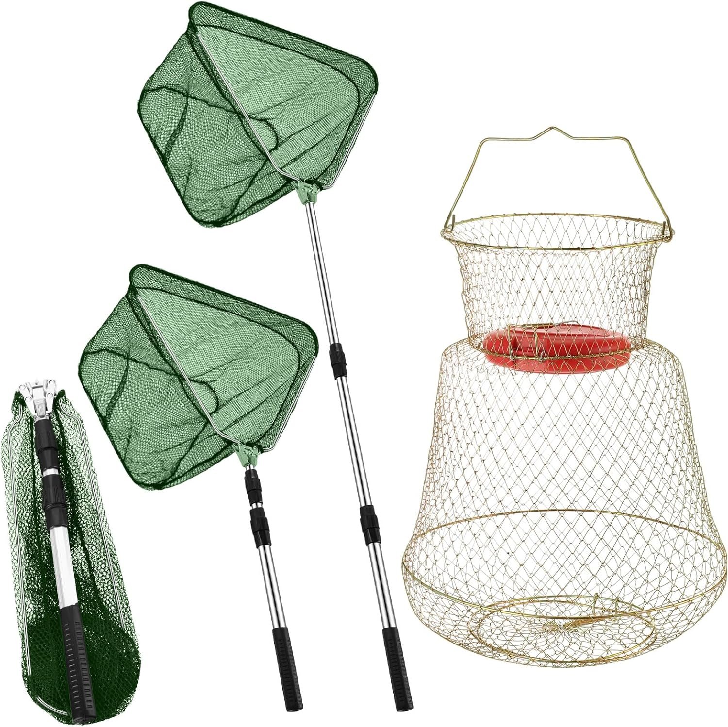 2 Pcs Steel Wire Fish Basket and Fishing Landing Net with Extension Aluminum Telescoping Pole includes 1 Portable Fishing Net with Handle 1 Collapsible Wire Fishing Basket for Women Men