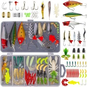 Fishing Lures Kit for Freshwater Bait Tackle Kit for Bass Trout Salmon Fishing Accessories Tackle Box Including Spoon Lures Soft Plastic Worms Crankbait Jigs Fishing
